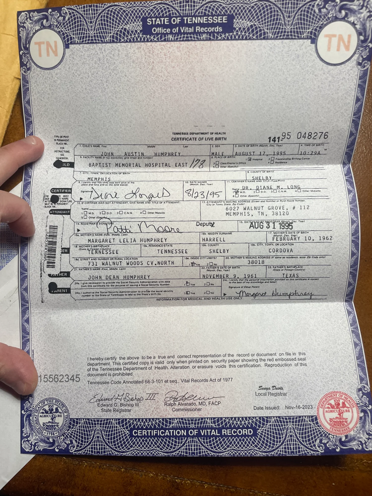 Tennessee birth certificate for John Austin Humphrey