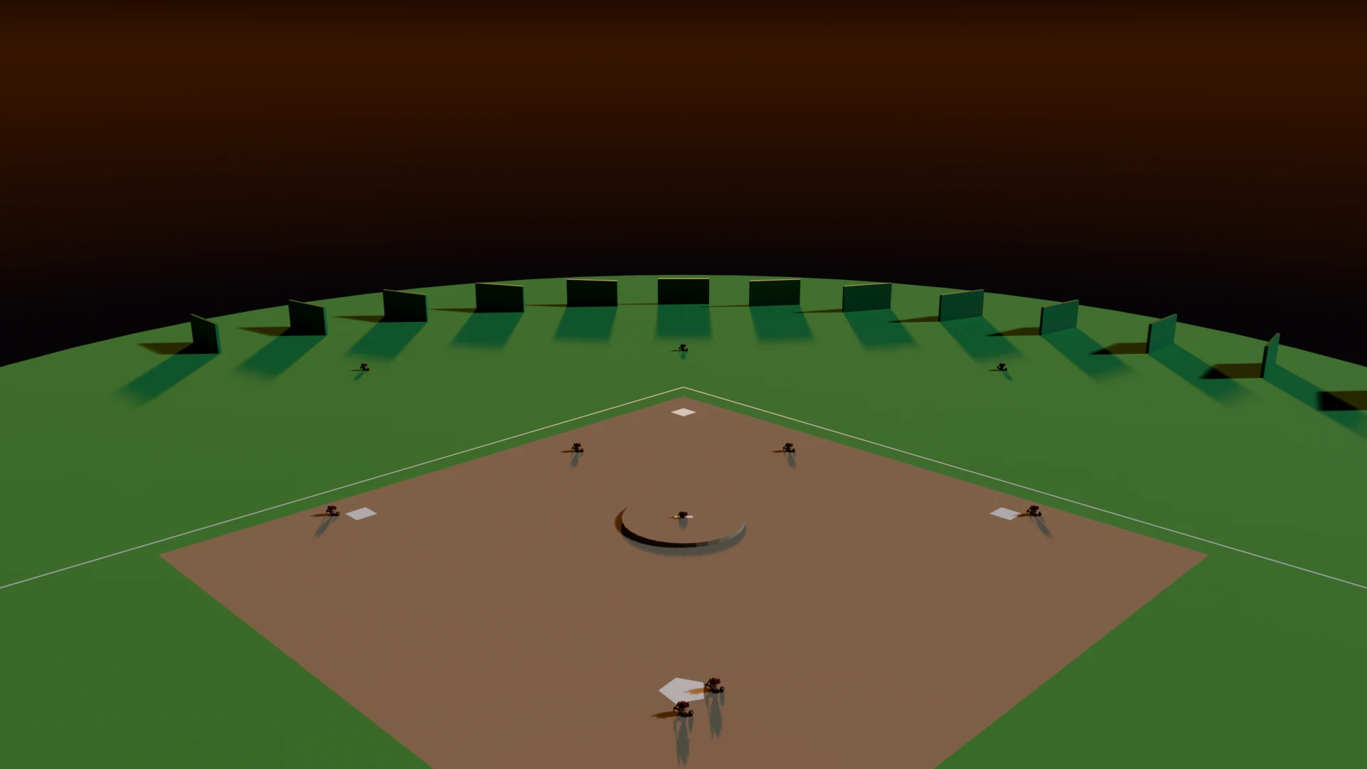 The Model Melee college-baseball simulation field, shown from above with fielders set in a full diamond.