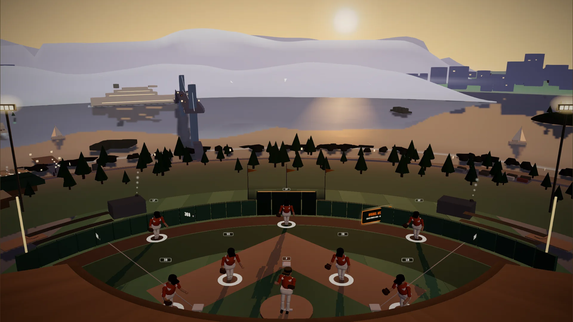 The Model Melee college-baseball simulation field, shown from above with fielders set in a full diamond.