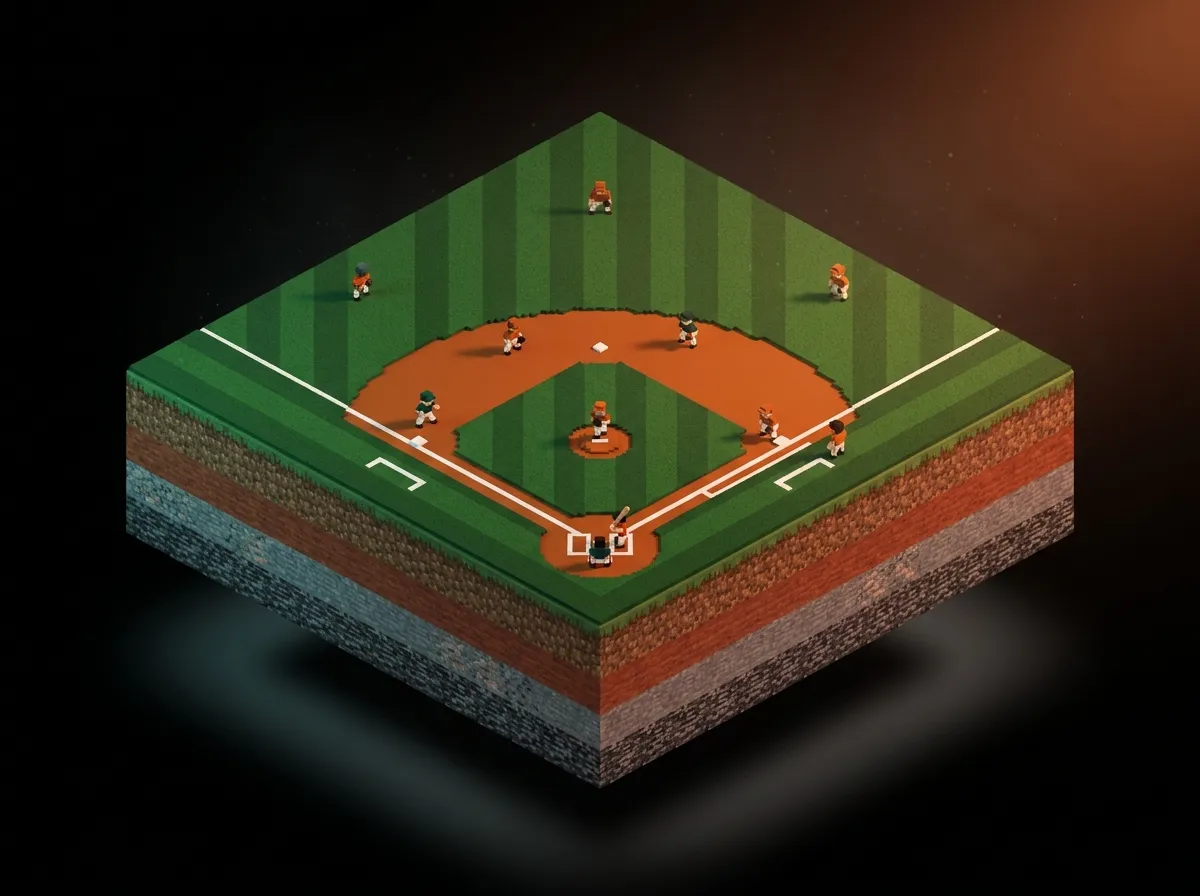 An isometric voxel cross-section of a college-baseball field floating in black, blocky fielders at their positions.